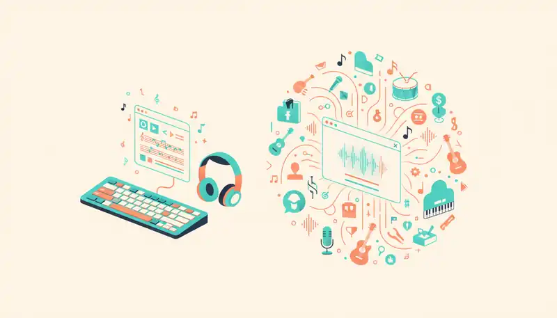 A creative workspace illustration showing AI music prompt writing with musical notes and sound waves flowing from a text interface